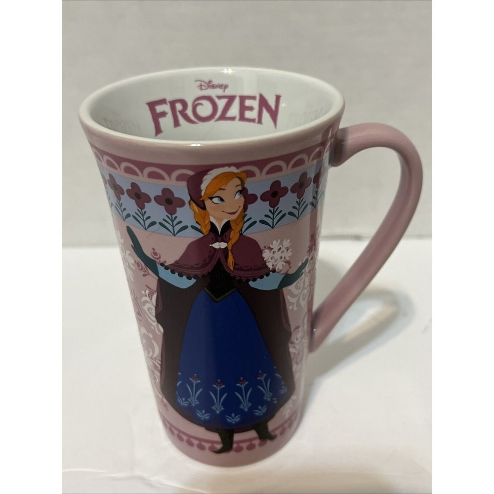 Disney Store Frozen Anna Latte Mug Pink Ceramic Coffee Cup Snowflake Floral 6in